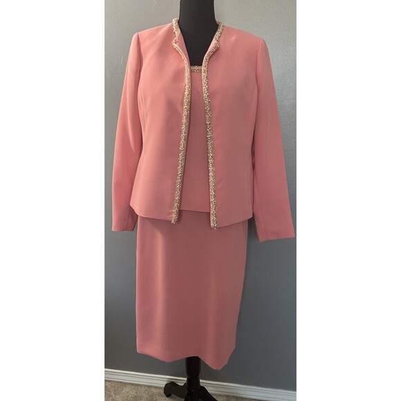 Kasper Womens 8P Formal 3 Piece Skirt Suit Beaded Trim Jacket Peach Outfit EUC - Picture 1 of 8